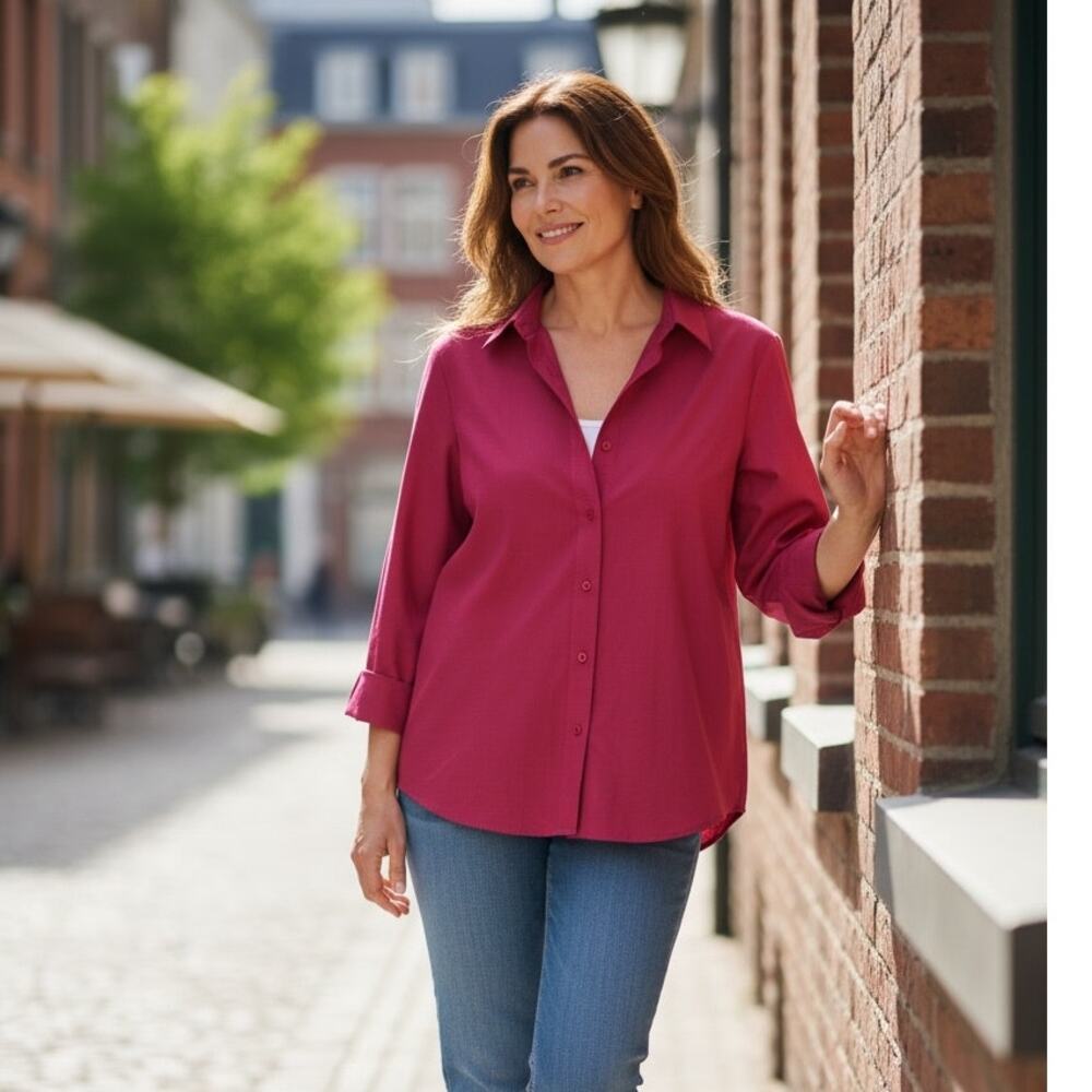 Foxcroft Boyfriend No Iron Pinpoint Long Sleeve Tunic Rose/Dark Pink Size 18